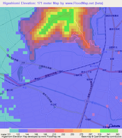 Higashiomi,Japan Elevation Map