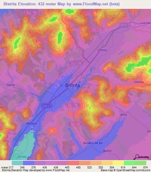 Bistrita,Romania Elevation Map