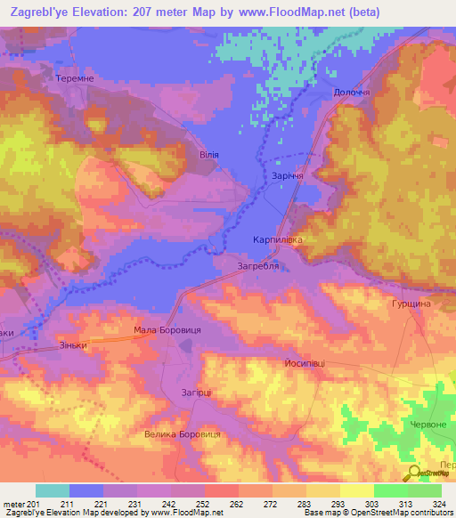 Zagrebl'ye,Ukraine Elevation Map