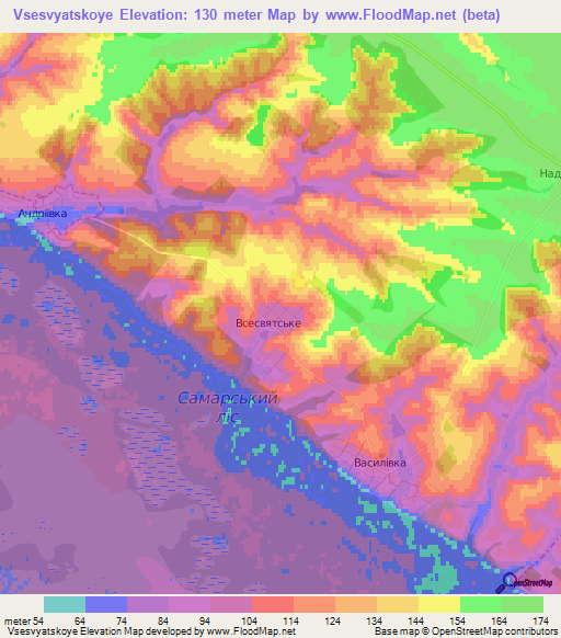 Vsesvyatskoye,Ukraine Elevation Map