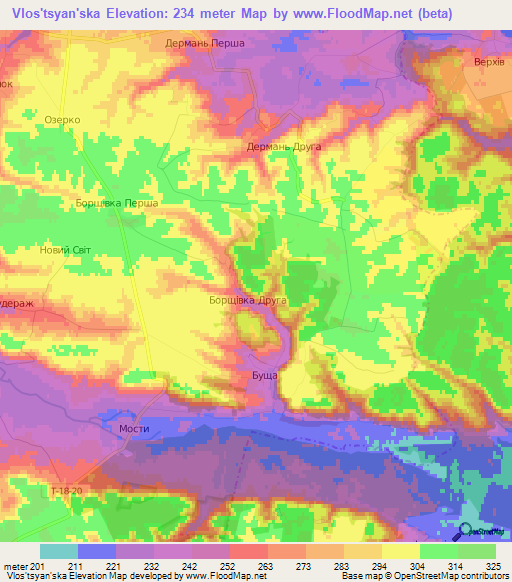 Vlos'tsyan'ska,Ukraine Elevation Map