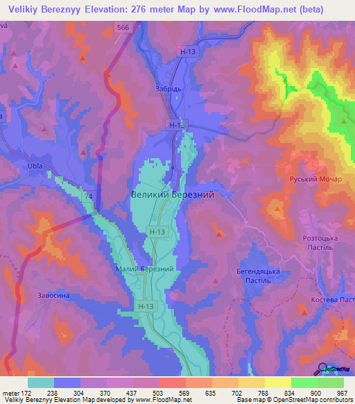 Velikiy Bereznyy,Ukraine Elevation Map