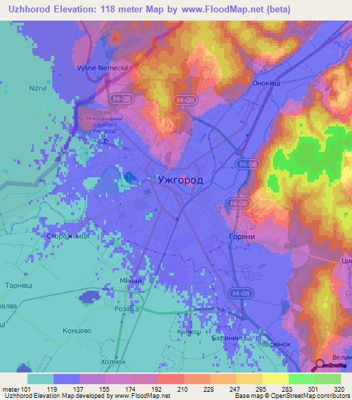 Uzhhorod,Ukraine Elevation Map