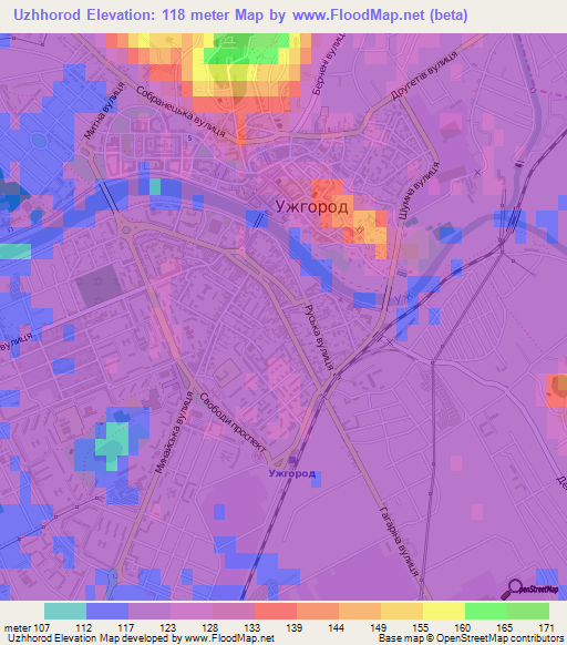 Uzhhorod,Ukraine Elevation Map