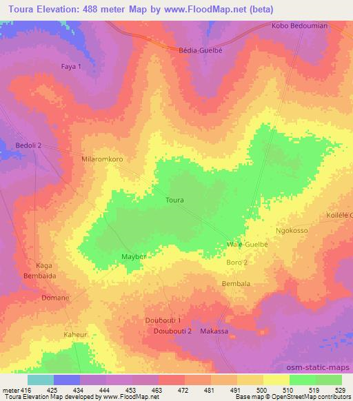 Toura,Chad Elevation Map