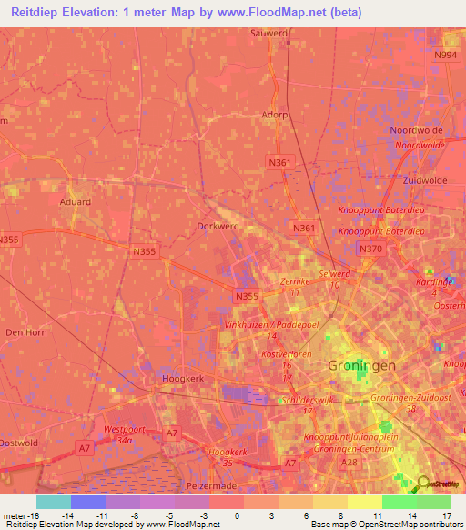 Reitdiep,Netherlands Elevation Map