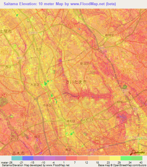 Saitama,Japan Elevation Map