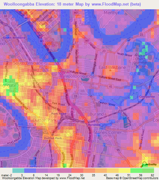 Woolloongabba,Australia Elevation Map