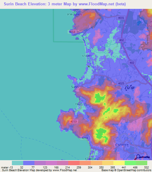 Surin Beach,Thailand Elevation Map