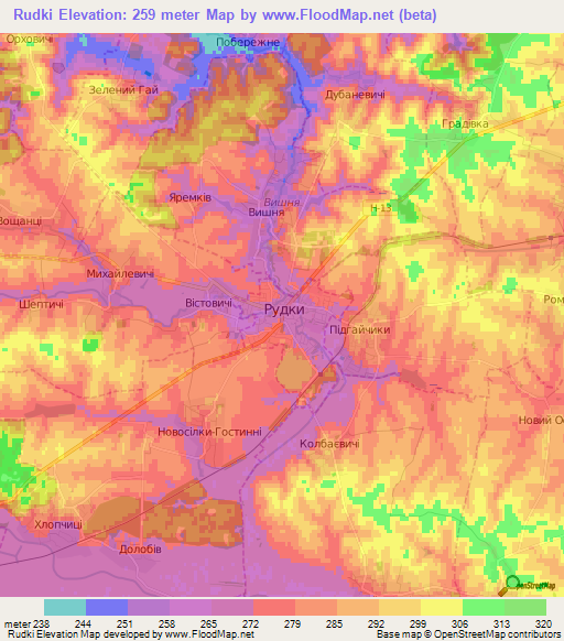 Rudki,Ukraine Elevation Map
