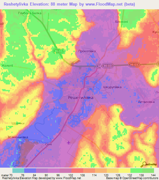Reshetylivka,Ukraine Elevation Map