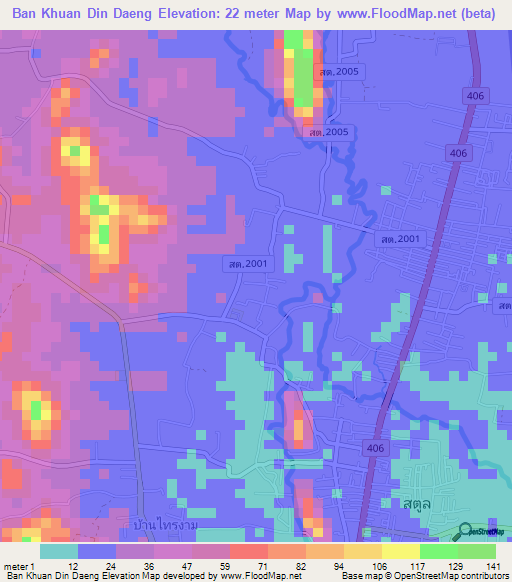 Ban Khuan Din Daeng,Thailand Elevation Map