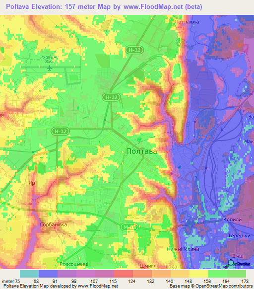 Poltava,Ukraine Elevation Map