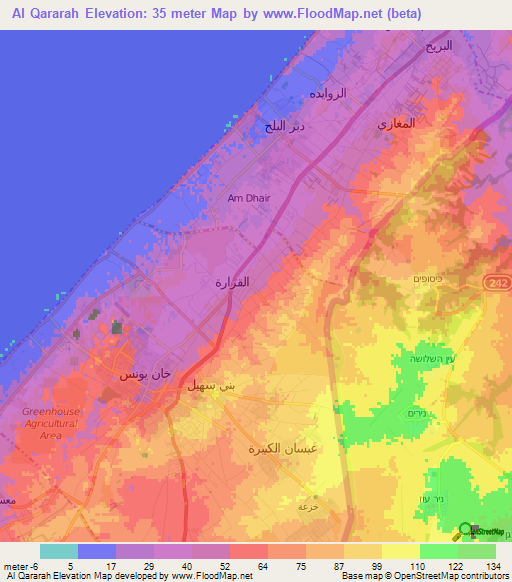 Al Qararah,Palestinian Territory Elevation Map