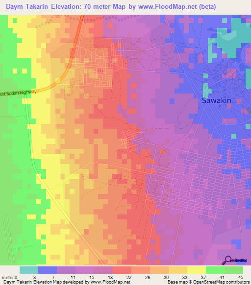 Daym Takarin,Sudan Elevation Map