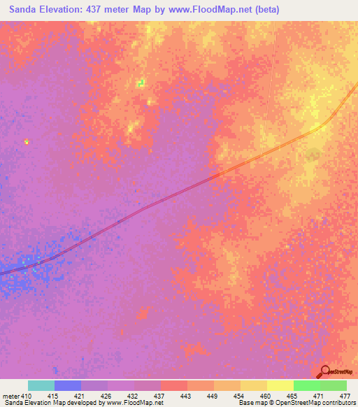 Sanda,Sudan Elevation Map