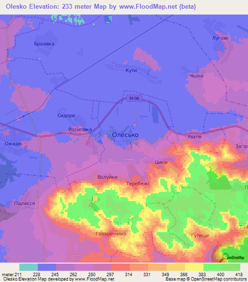 Olesko,Ukraine Elevation Map