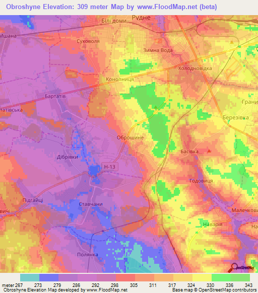 Obroshyne,Ukraine Elevation Map