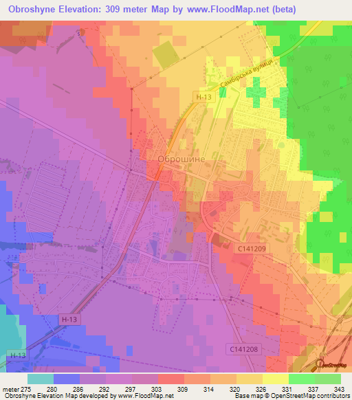 Obroshyne,Ukraine Elevation Map