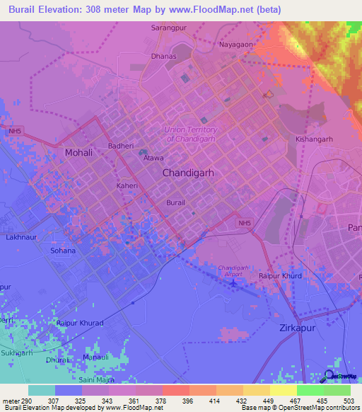 Burail,India Elevation Map