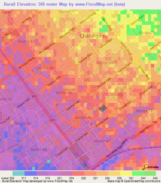 Burail,India Elevation Map