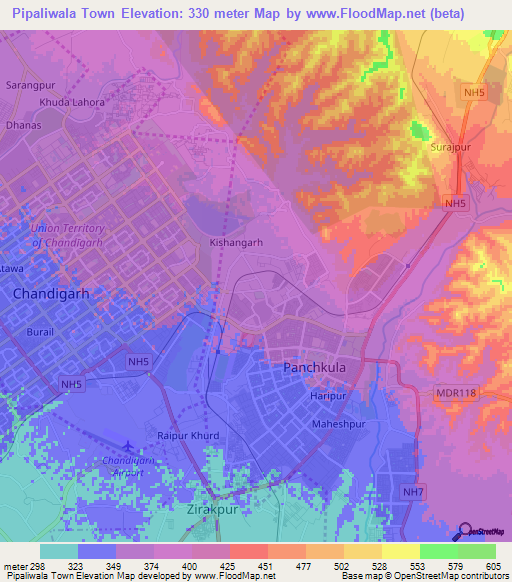Pipaliwala Town,India Elevation Map