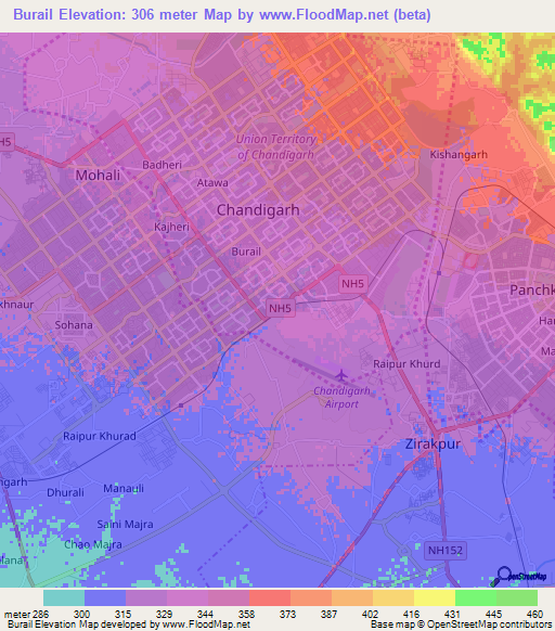 Burail,India Elevation Map