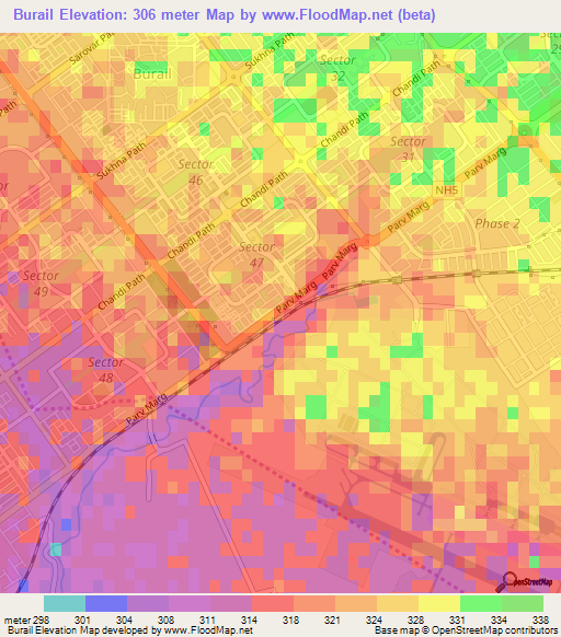 Burail,India Elevation Map