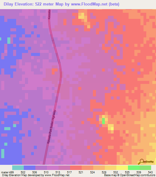 Dilay,Sudan Elevation Map