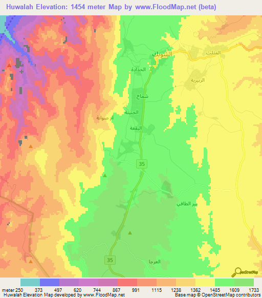 Huwalah,Jordan Elevation Map
