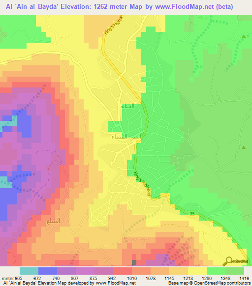 Al `Ain al Bayda',Jordan Elevation Map