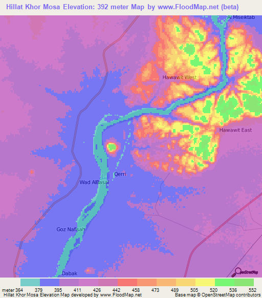 Hillat Khor Mosa,Sudan Elevation Map