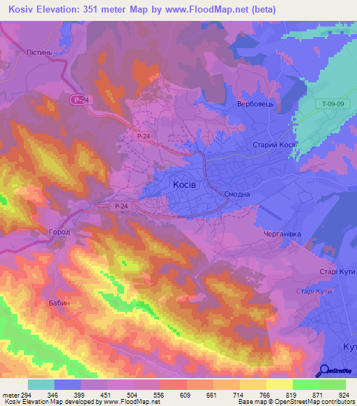 Kosiv,Ukraine Elevation Map