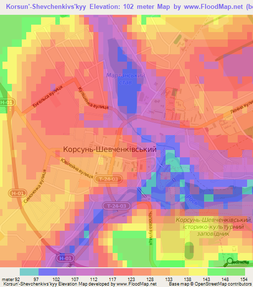 Korsun'-Shevchenkivs'kyy,Ukraine Elevation Map