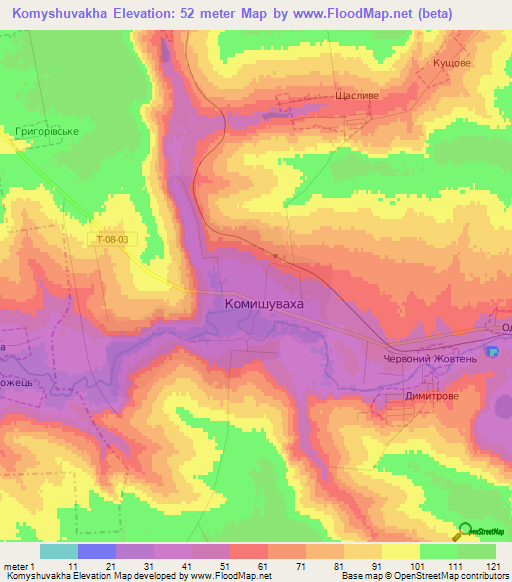 Komyshuvakha,Ukraine Elevation Map