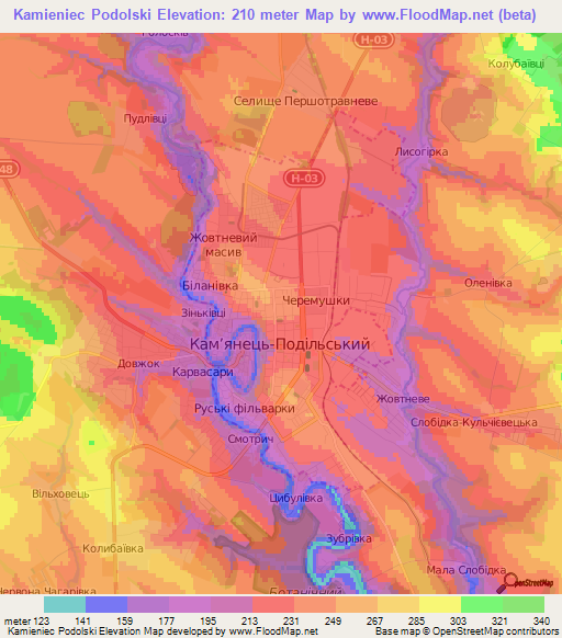 Kamieniec Podolski,Ukraine Elevation Map