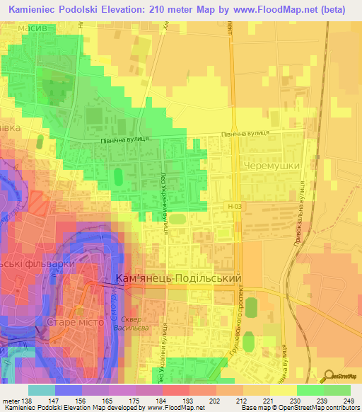 Kamieniec Podolski,Ukraine Elevation Map