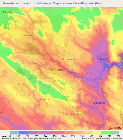 Horodenka,Ukraine Elevation Map