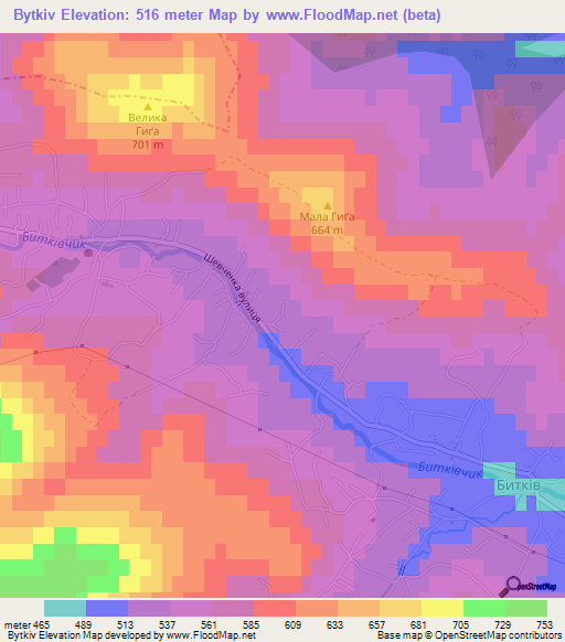 Bytkiv,Ukraine Elevation Map