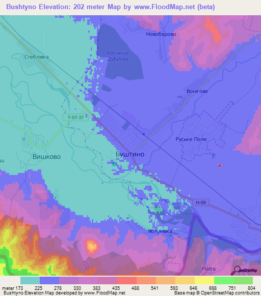 Bushtyno,Ukraine Elevation Map