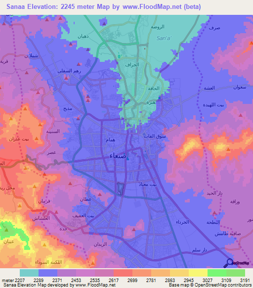 Sanaa,Yemen Elevation Map