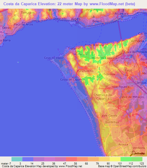 Costa da Caparica,Portugal Elevation Map
