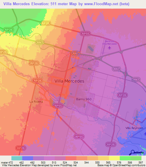 Villa Mercedes,Argentina Elevation Map