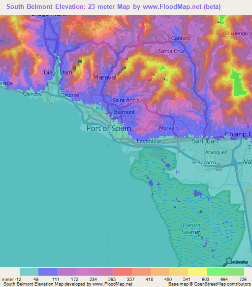 South Belmont,Trinidad and Tobago Elevation Map