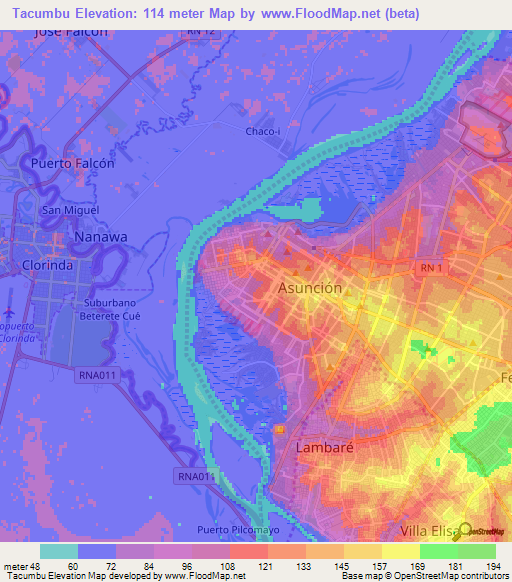 Tacumbu,Paraguay Elevation Map