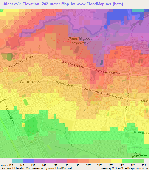 Alchevs'k,Ukraine Elevation Map