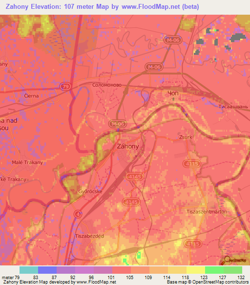 Zahony,Hungary Elevation Map
