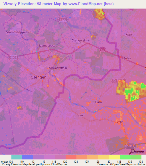 Vizsoly,Hungary Elevation Map