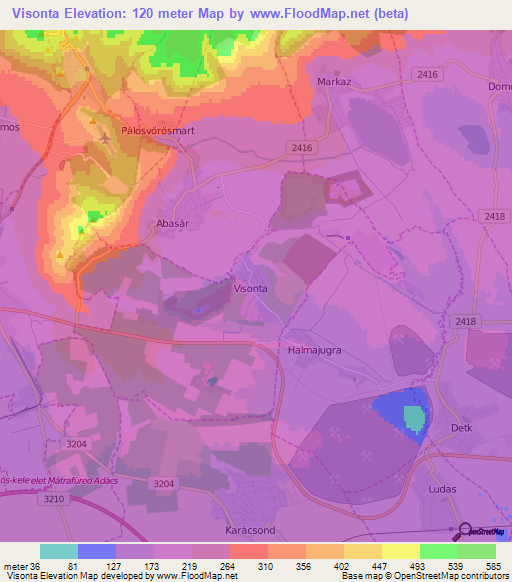 Visonta,Hungary Elevation Map