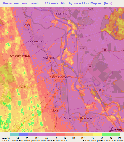 Vasarosnameny,Hungary Elevation Map